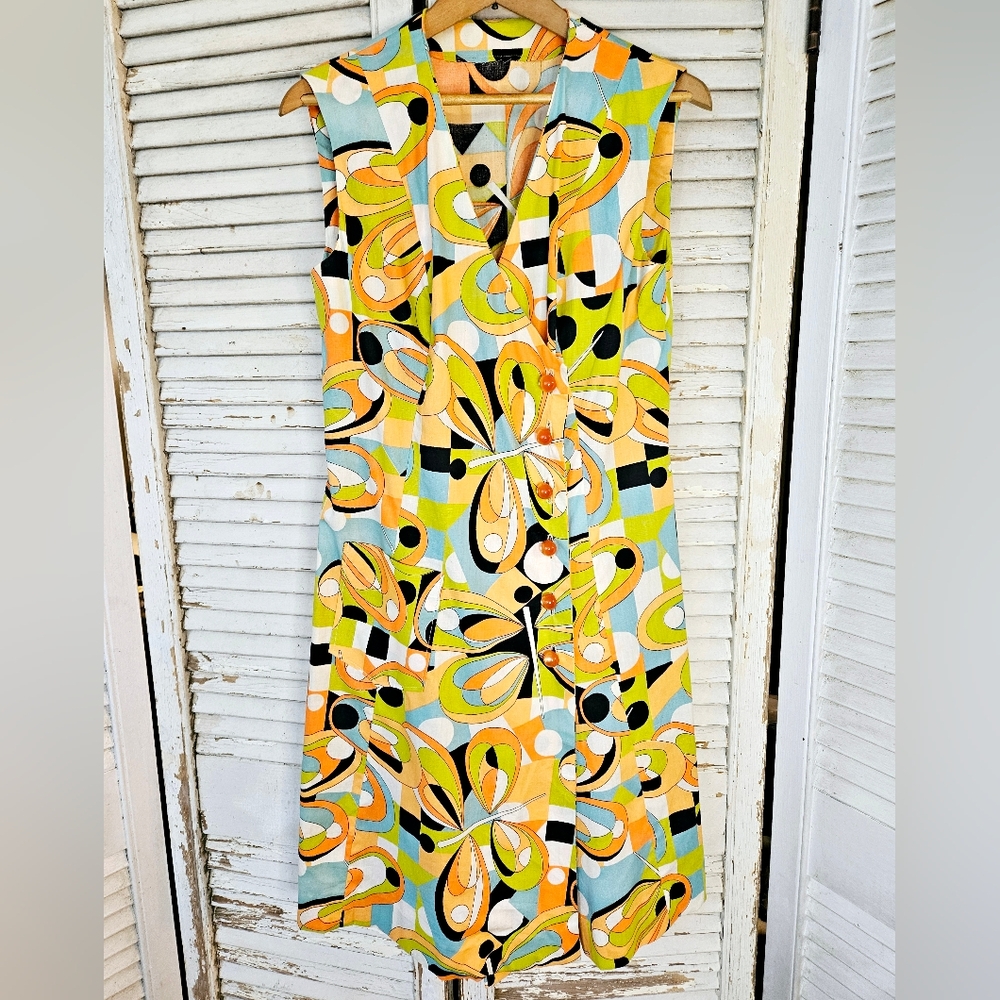 Vintage 60s Yellow Psychadelic Handmade Wrap Style Cotton Mini Dress Small